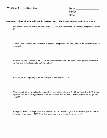 Ideal Gas Laws Worksheet Fresh Worksheet Gas Laws Chemistry at Central High School