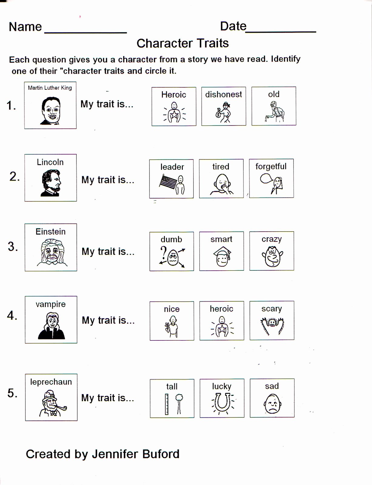 Free Printable Common Core Aligned Identifying Character Traits