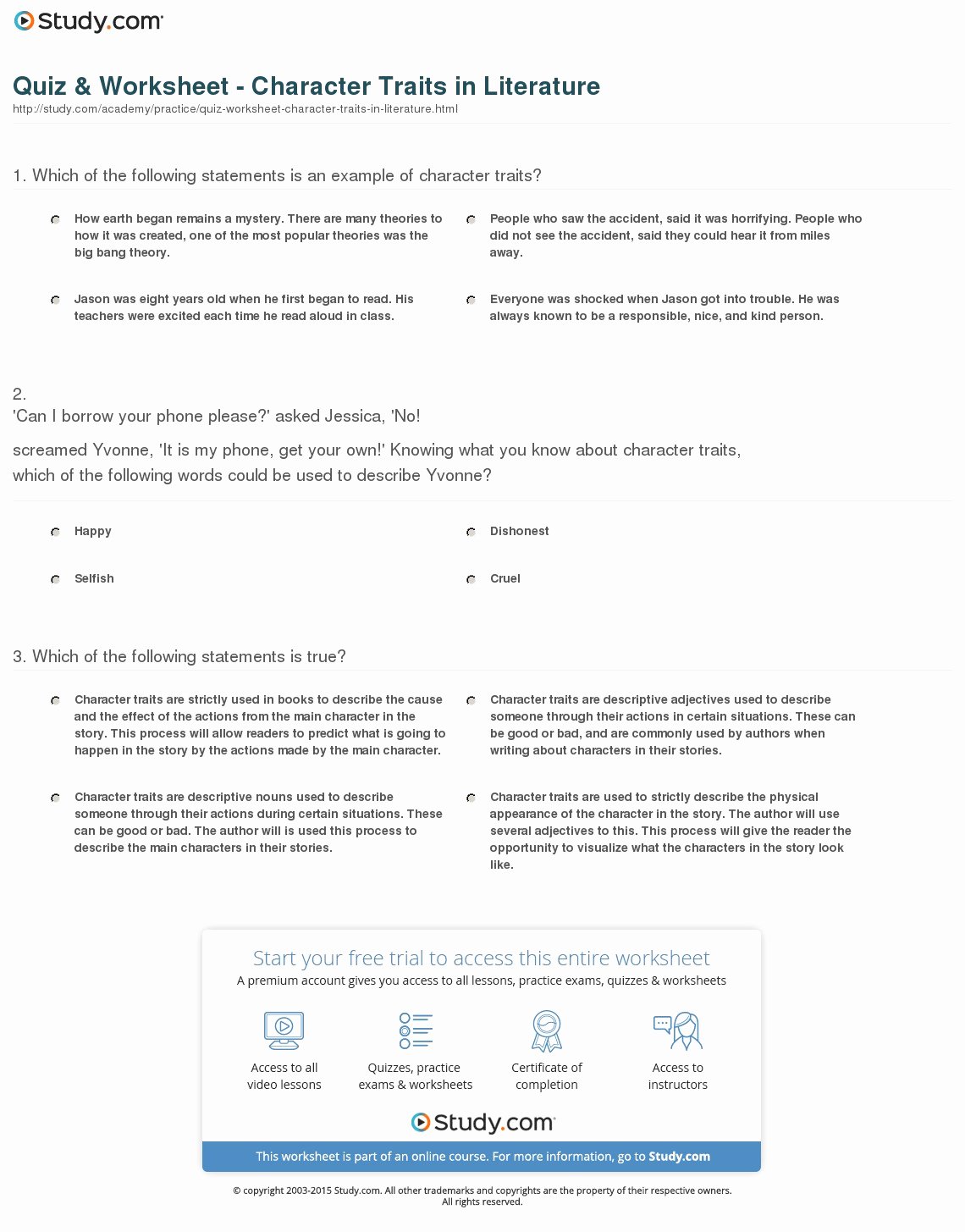 Identifying Character Traits Worksheet