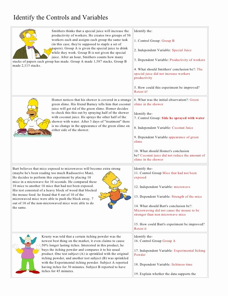 Identifying Variables Worksheet Answers Fresh Bart Simpson Controls and Variables with Answers