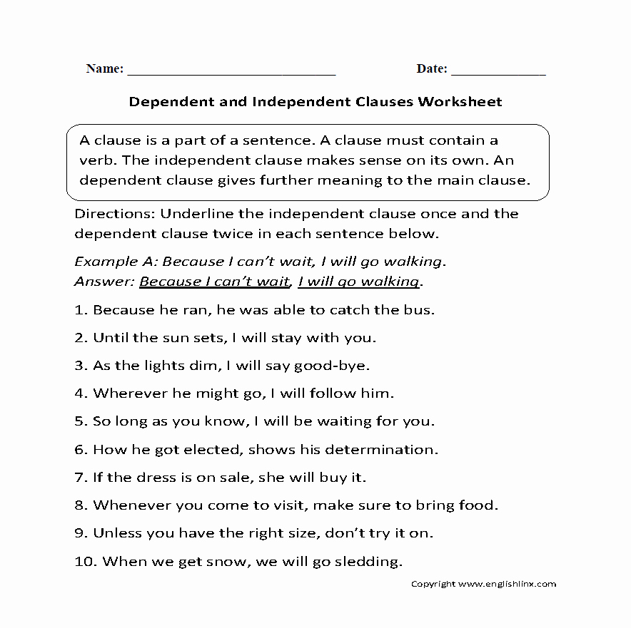 Independent and Dependent Clauses Worksheet Awesome Englishlinx