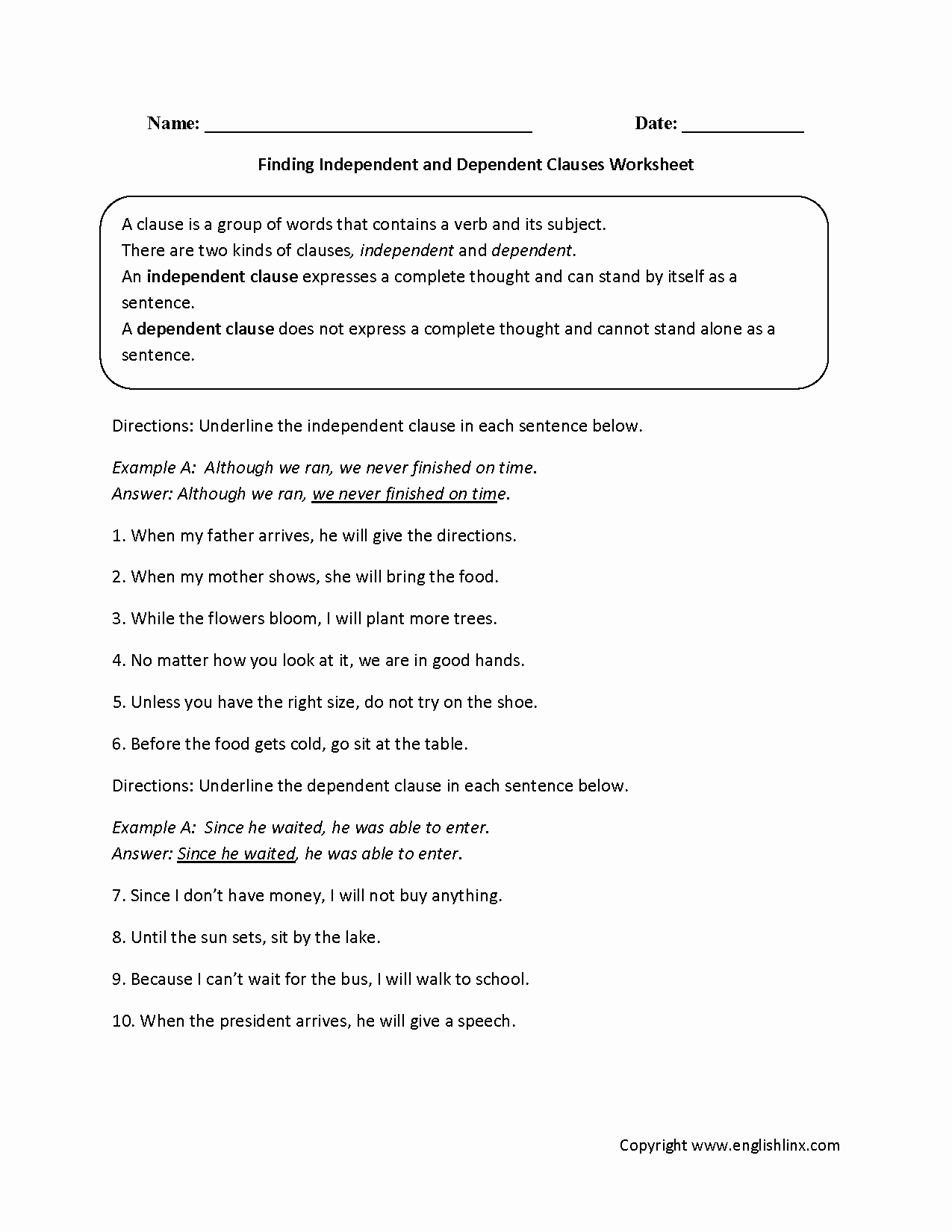 50 Independent And Dependent Clauses Worksheet