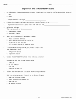 Independent and Dependent Clauses Worksheet Best Of Dependent and Independent Clauses Grade 7 Free