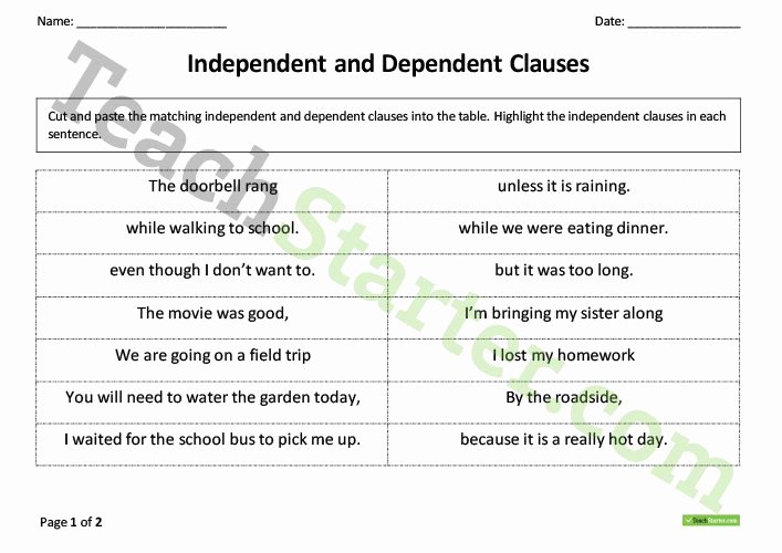 Independent and Dependent Clauses Worksheet Best Of Independent and Dependent Clauses Worksheet Pack Teaching