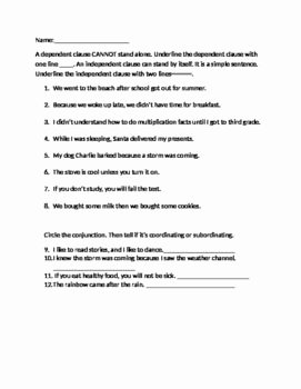 Independent and Dependent Clauses Worksheet Best Of Independent Dependent Clause Quiz Worksheet