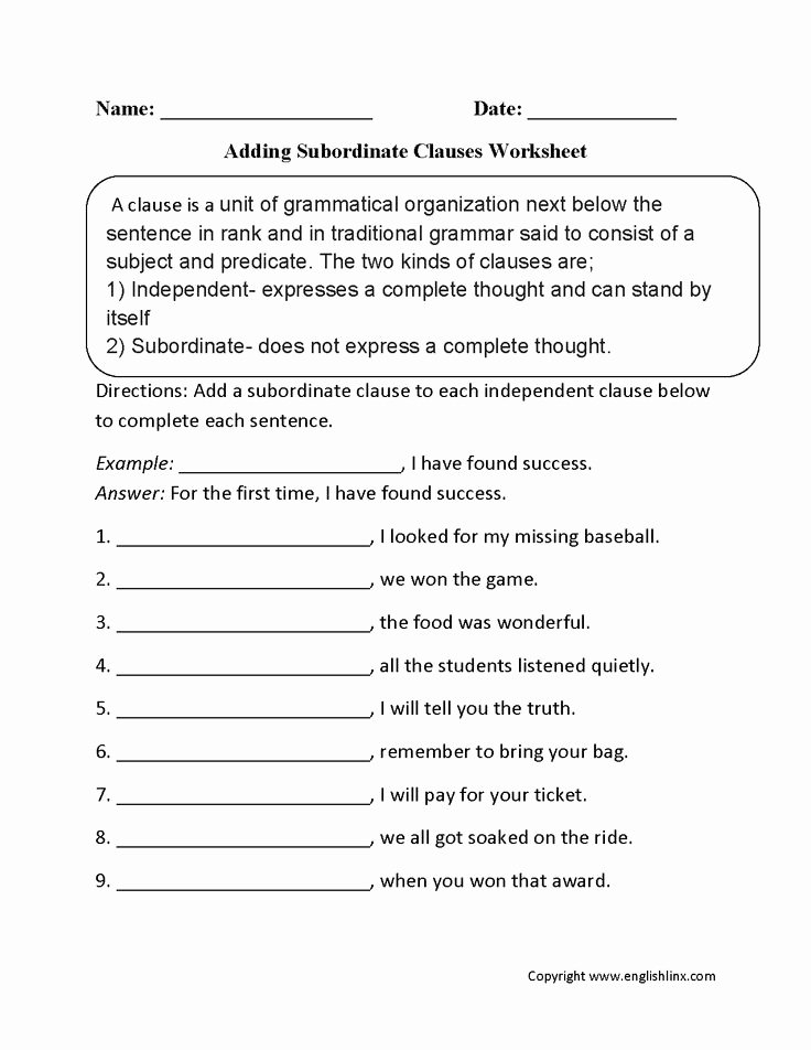 Independent and Dependent Clauses Worksheet Fresh Adding Subordinate Clauses Worksheet