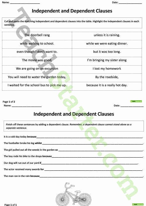 Independent and Dependent Clauses Worksheet Fresh Independent and Dependent Clauses Worksheet
