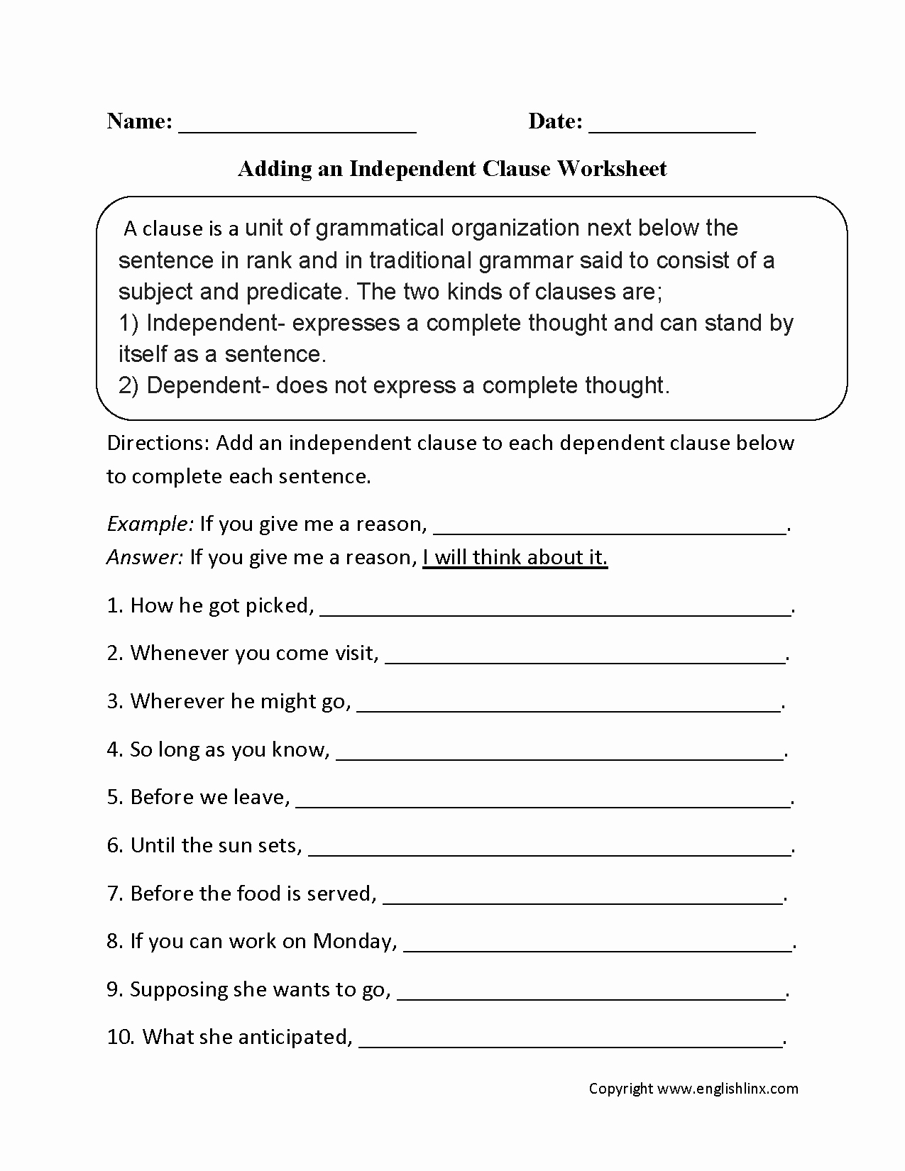 50 Independent And Dependent Clauses Worksheet
