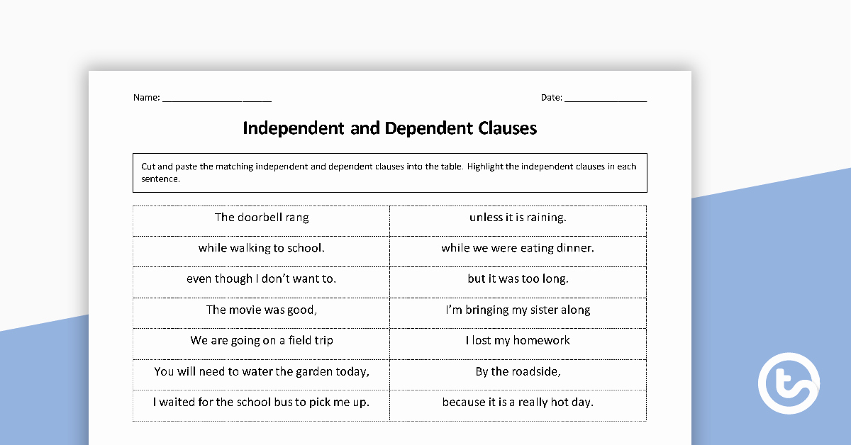 Independent and Dependent Clauses Worksheet Inspirational Independent and Dependent Clauses Match Up Activity