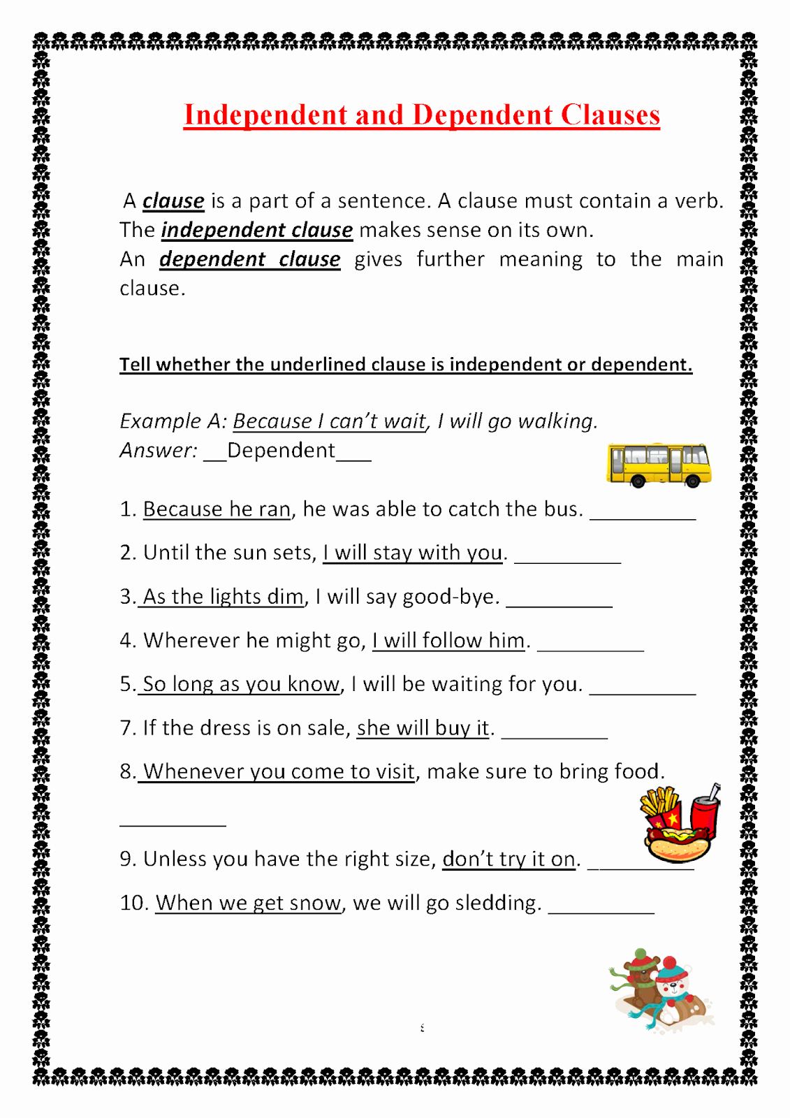 50 Independent And Dependent Clauses Worksheet