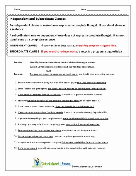 Independent and Dependent Clauses Worksheet Inspirational Independent and Subordinate Clauses Worksheet for 7th