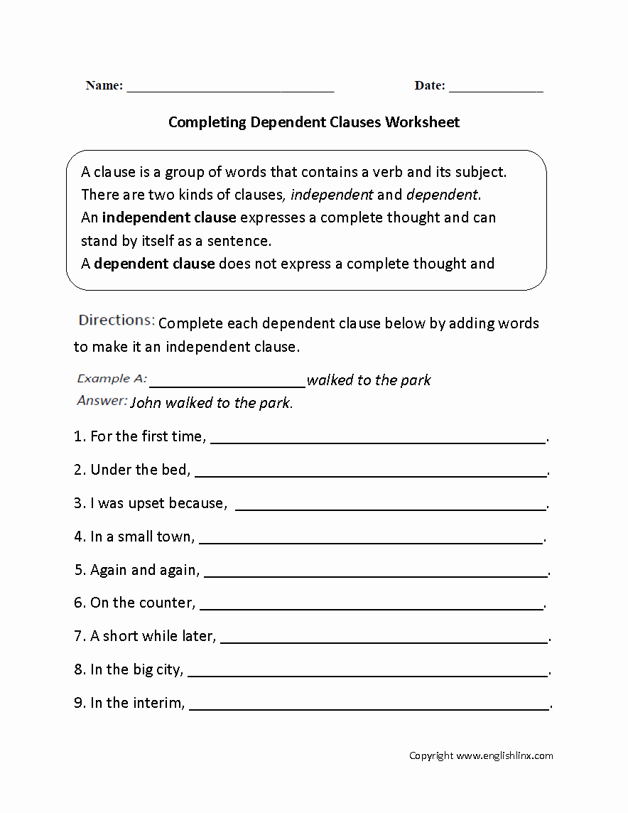 Independent and Dependent Clauses Worksheet Inspirational Pleting Dependent Clauses Worksheet