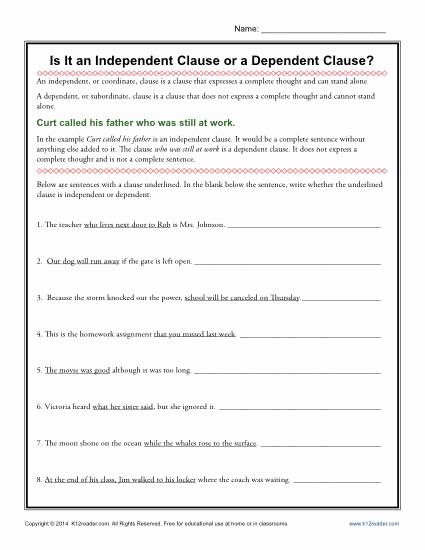 Independent and Dependent Clauses Worksheet Lovely is It An Independent Clause or A Dependent Clause