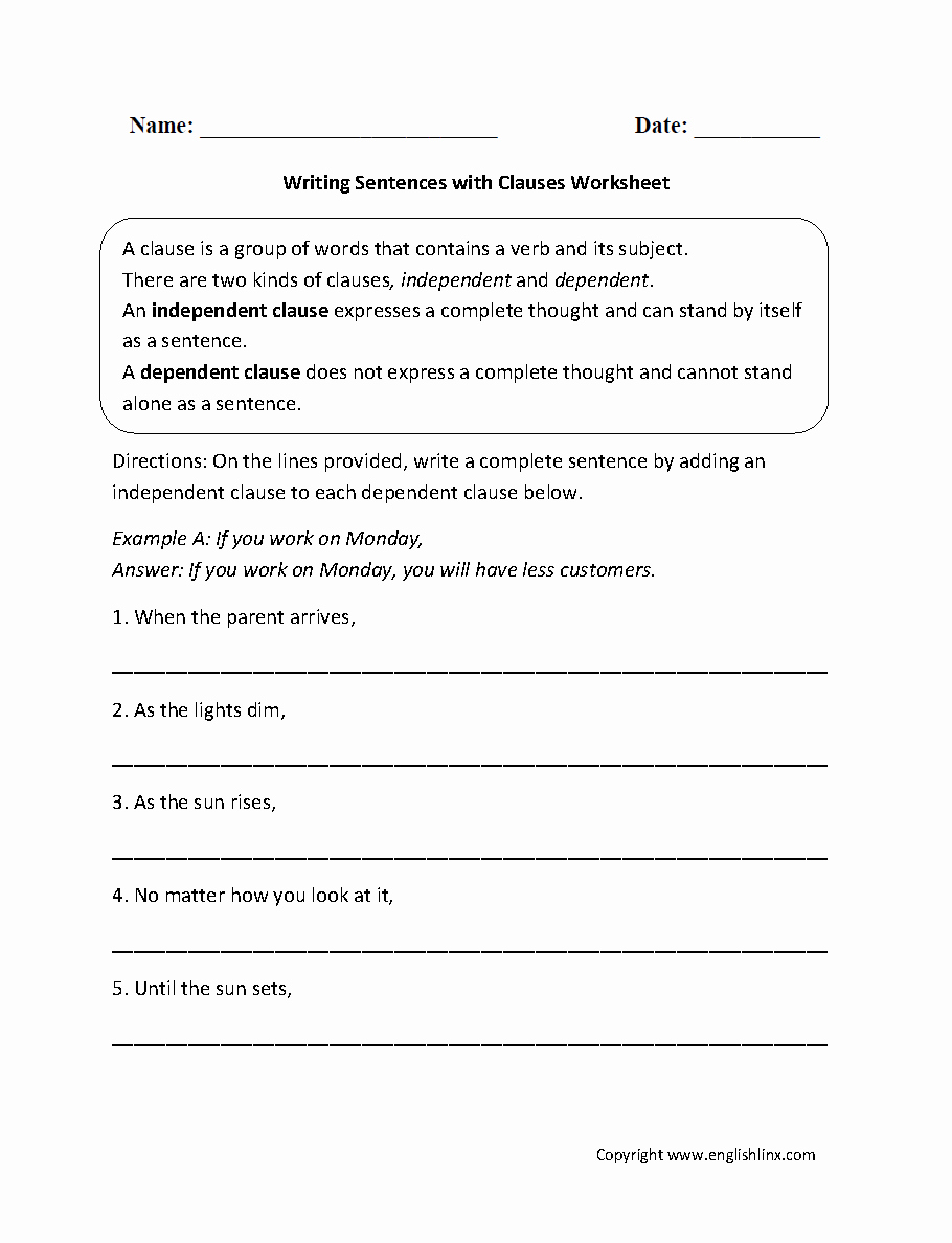 50 Independent And Dependent Clauses Worksheet