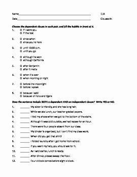 Independent and Dependent Clauses Worksheet Luxury Ela Clauses Dependent &amp; Independent Worksheet 1 with