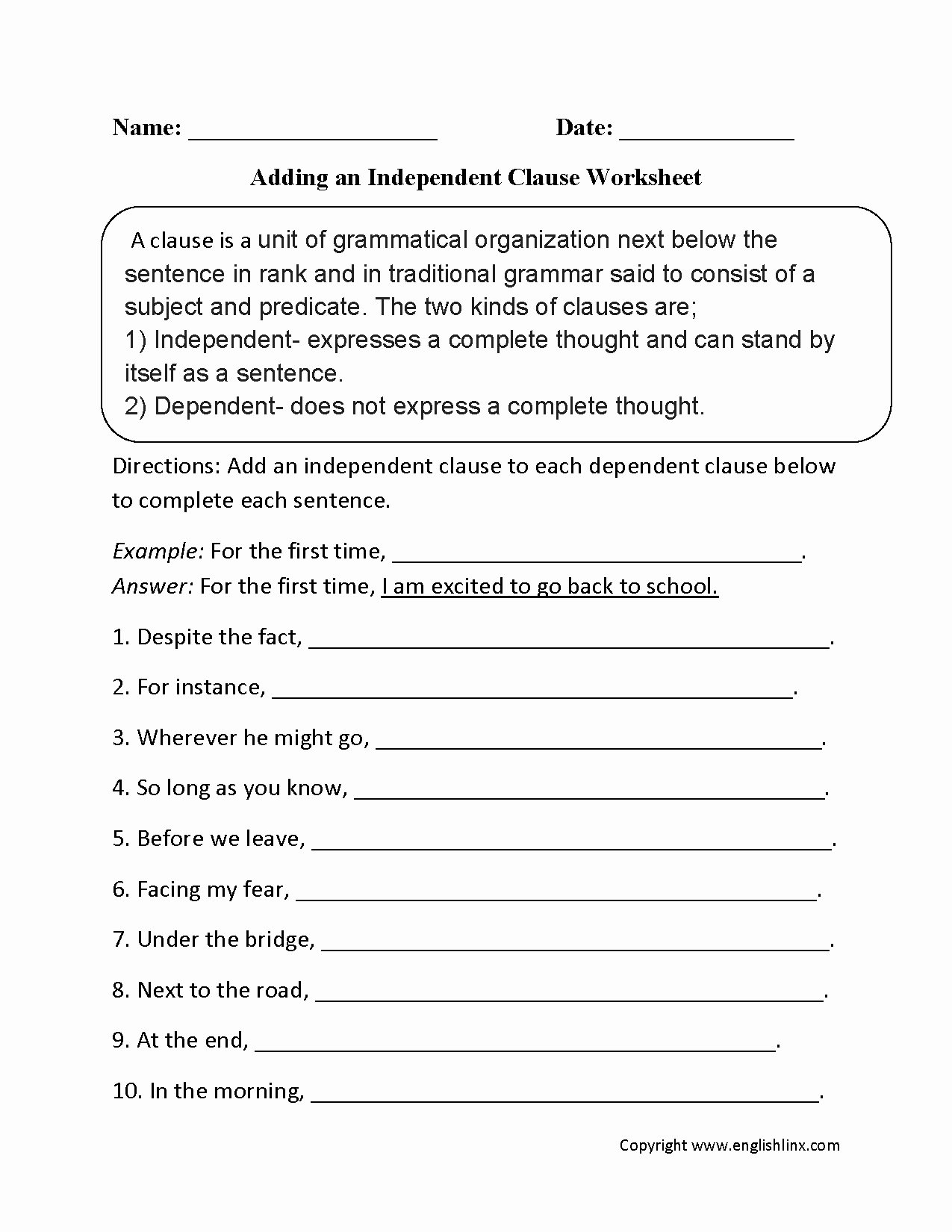 Independent and Dependent Clauses Worksheet New Adding An Independent Clause Worksheet