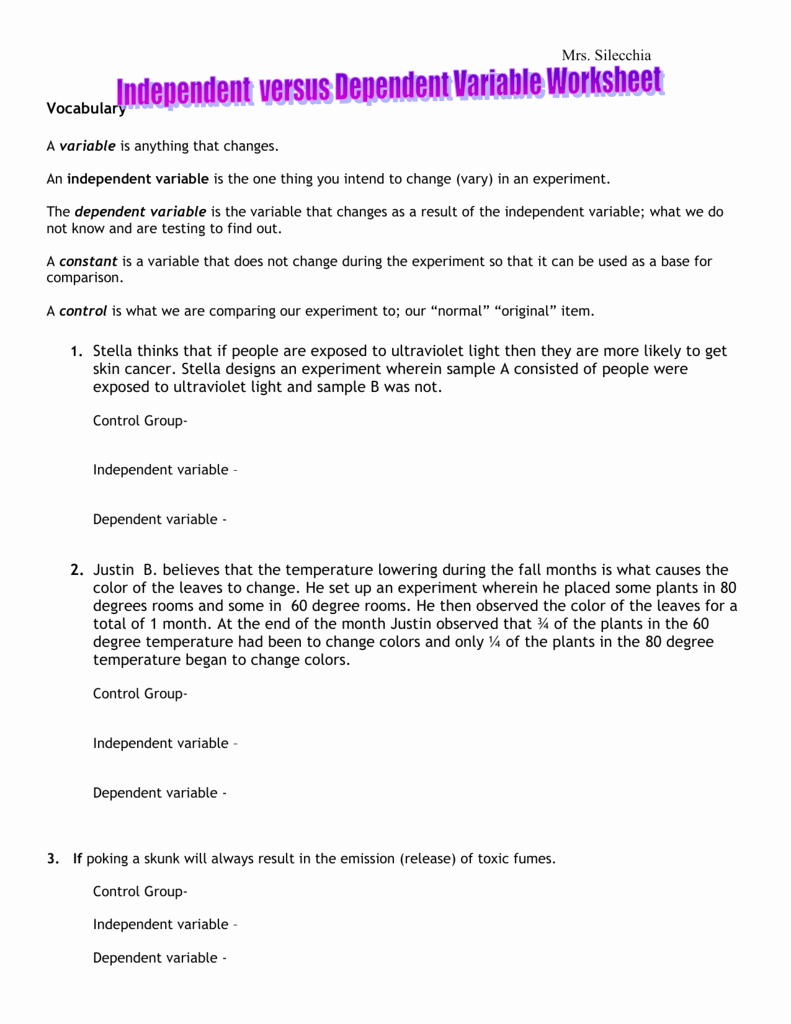 50 Independent And Dependent Variables Worksheet