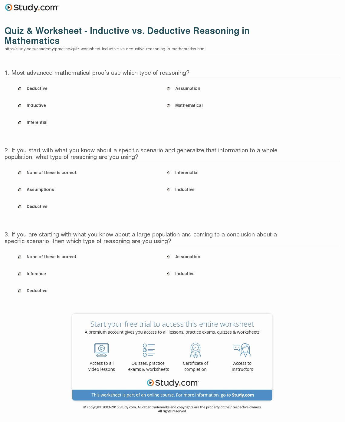 Inductive and Deductive Reasoning Worksheet Best Of Quiz &amp; Worksheet Inductive Vs Deductive Reasoning In