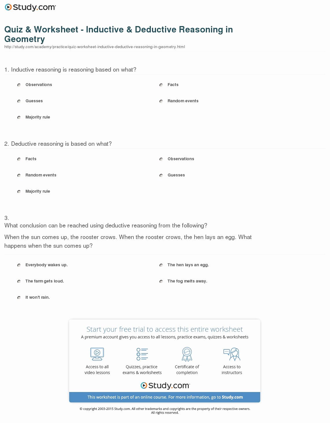 Inductive and Deductive Reasoning Worksheet Lovely Quiz &amp; Worksheet Inductive &amp; Deductive Reasoning In