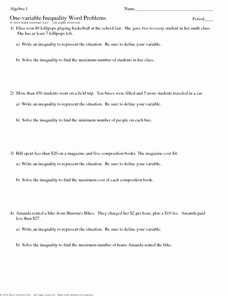 Inequalities Worksheet with Answers Elegant E Variable Inequality Word Problems Worksheet for 7th