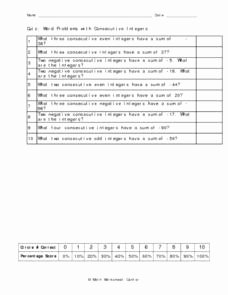 Integer Word Problems Worksheet Awesome Quiz Word Problems with Consecutive Integers 9th 11th