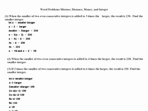 Integer Word Problems Worksheet Awesome Word Problems Mixture Distance Money and Integers 8th