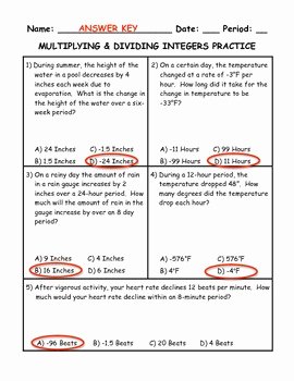 Integer Word Problems Worksheet Luxury Multiplying and Dividing Integers Word Problem Practice