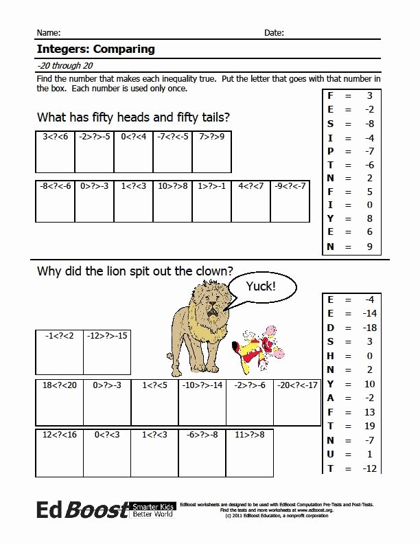 Integers and Absolute Value Worksheet Awesome Integers Paring 20 to 20 Puzzle