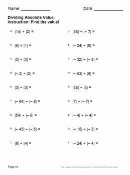 Integers and Absolute Value Worksheet Best Of Absolute Value Worksheets Multiplication &amp; Division by