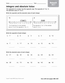 Integers and Absolute Value Worksheet Elegant Integers and Absolute Value Reteach 22 1 6th 7th Grade