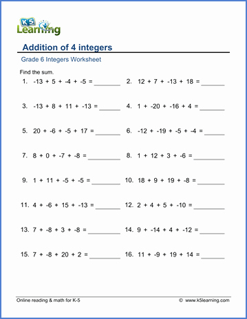 Integers and Absolute Value Worksheet Lovely Grade 6 Math Worksheet Integers Addition Of Four