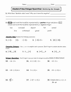 Integers and Absolute Value Worksheet New Absolute Value and Integers Review Worksheet by Pre