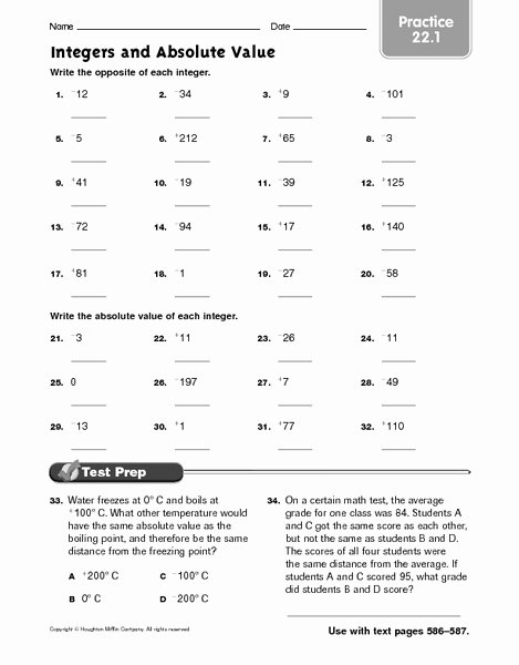 Integers and Absolute Value Worksheet New Integers and Absolute Value Practice 22 1 Worksheet for