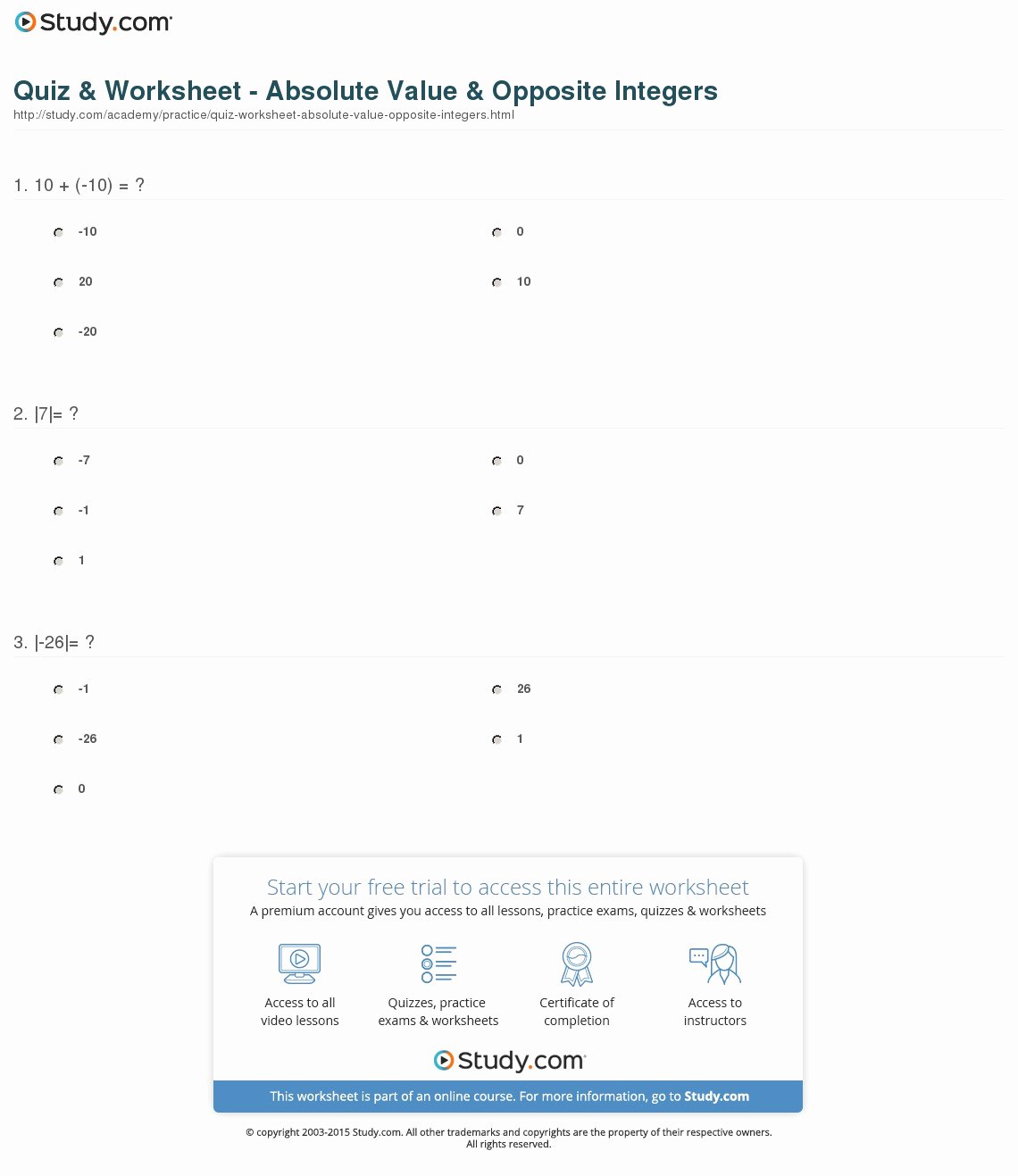Integers and Absolute Value Worksheet Unique Quiz &amp; Worksheet Absolute Value &amp; Opposite Integers