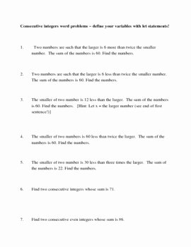 Integers Word Problems Worksheet Luxury Consecutive Integer Word Problems and Answer Key by