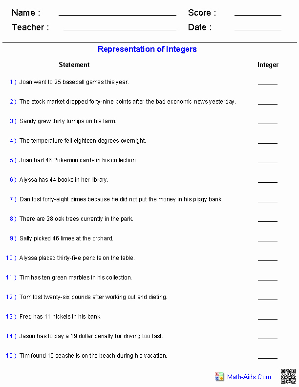 Integers Word Problems Worksheet New Integers Worksheets