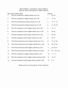 Integers Word Problems Worksheet New Word Problems Consecutive Integer Problems Lesson Plan