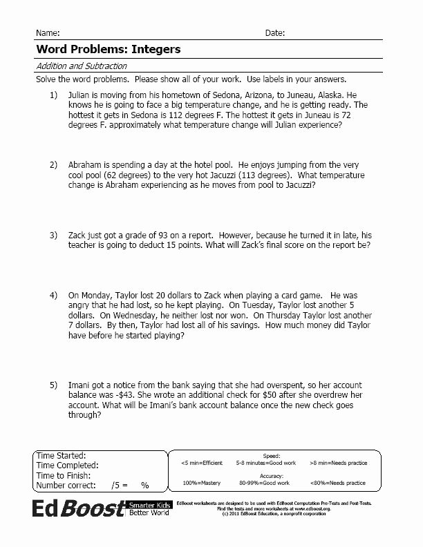 Integers Word Problems Worksheet Unique Mixed Operations with Integers
