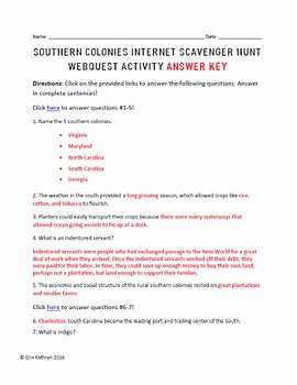 Internet Scavenger Hunt Worksheet Best Of southern Colonies Colonial America Internet Scavenger Hunt