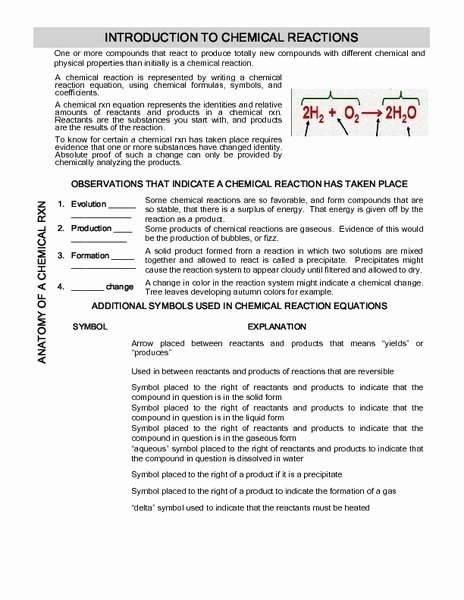 Introduction to Chemistry Worksheet Inspirational Introduction to Chemical Reactions Worksheet for 9th
