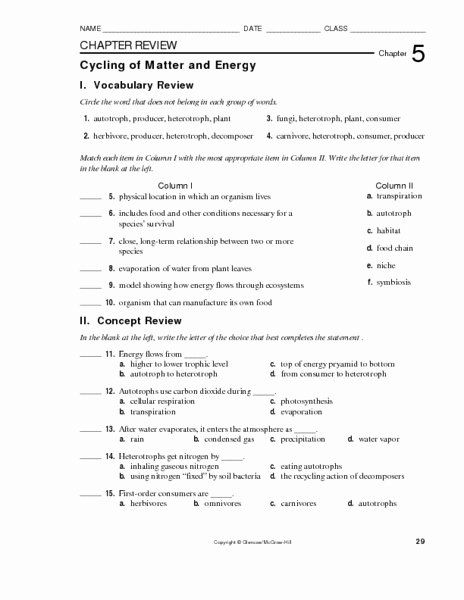 Introduction to Energy Worksheet New Cycling Of Matter and Energy Worksheet for 9th 10th