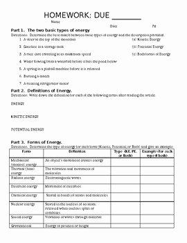 Introduction to Energy Worksheet New Intro to Energy Worksheet or Homework Energy forces