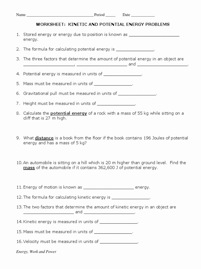 Introduction to Energy Worksheet New Work and Energy Worksheets Pdf Potential Kinetic Energy