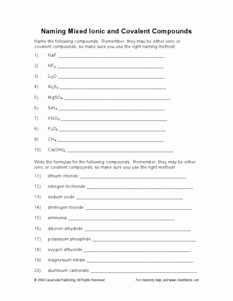 Ionic and Covalent Bonds Worksheet Awesome Naming Mixed Ionic and Covalent Pounds Worksheet for