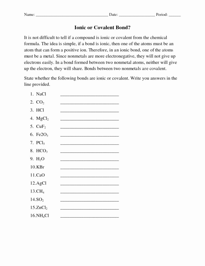 Ionic and Covalent Bonds Worksheet Fresh Simple Best Bonding Basics Ionic Bonds Worksheet