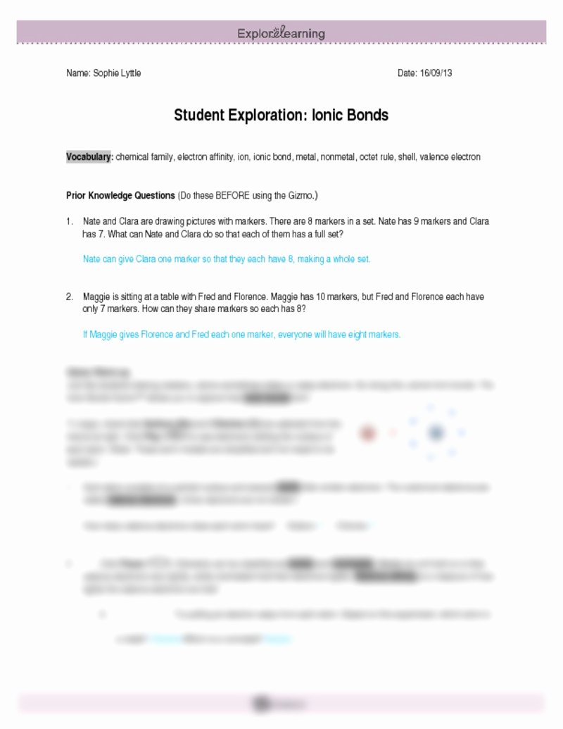 Ionic Bonding Worksheet Answer Key Fresh Student Exploration Ionic Bonds Worksheet Answers