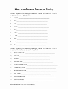 Ionic Bonding Worksheet Key Unique Mixed Ionic Covalent Pound Naming Worksheet for 9th