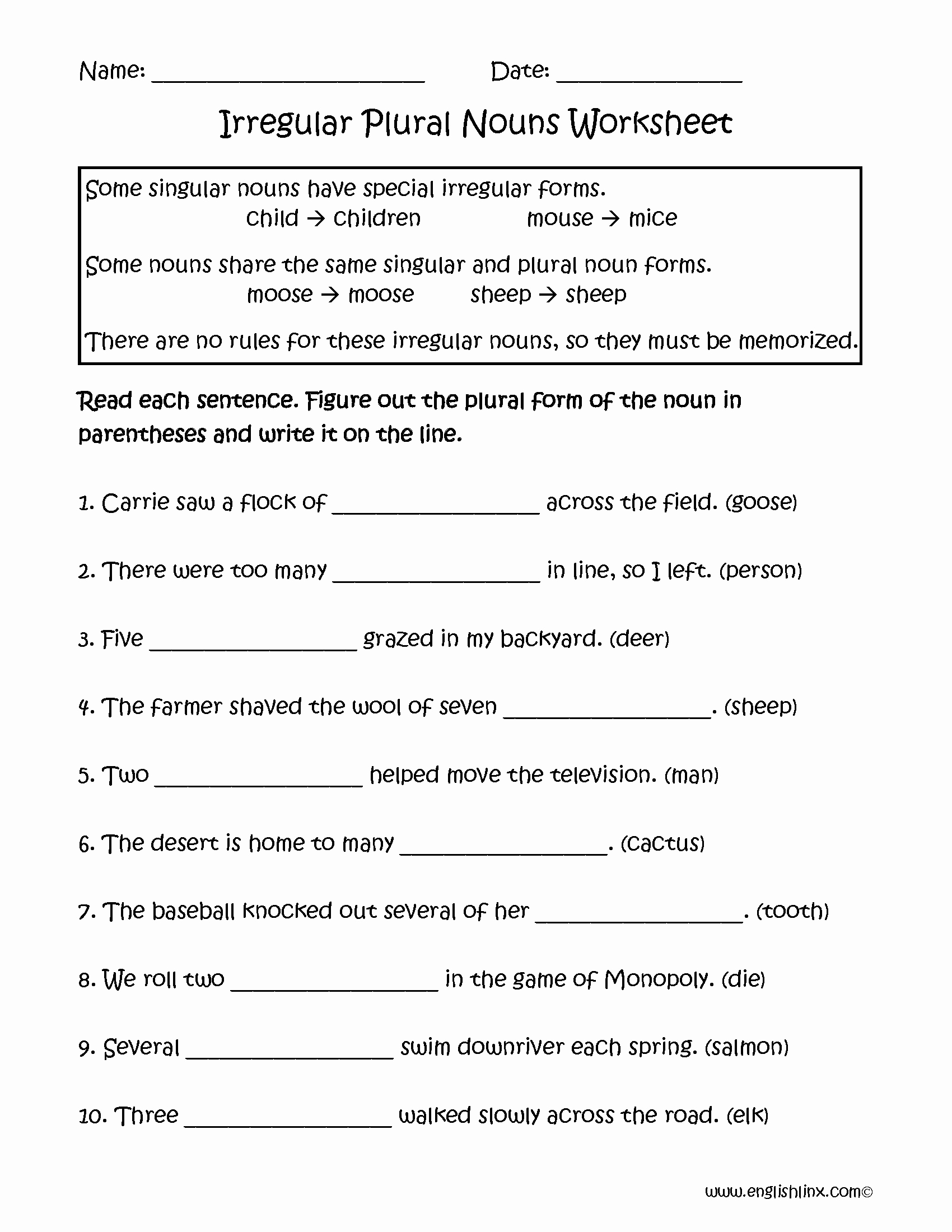 Irregular Plural Nouns Worksheet Fresh Irregular Nouns Worksheets