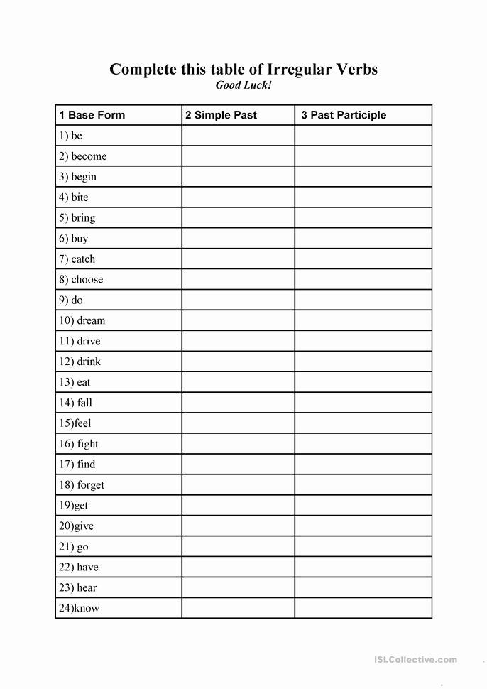 Irregular Verbs Worksheet Pdf Best Of Irregular Verbs Table Worksheet Free Esl Printable