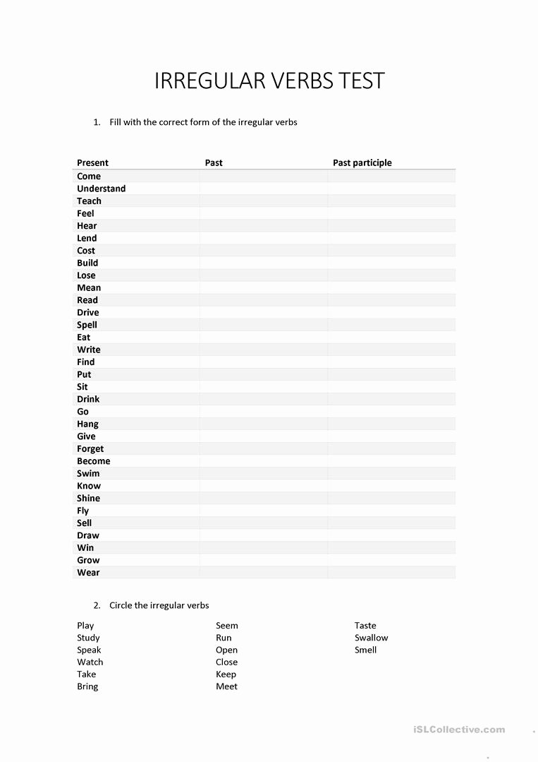 Irregular verbs tasks